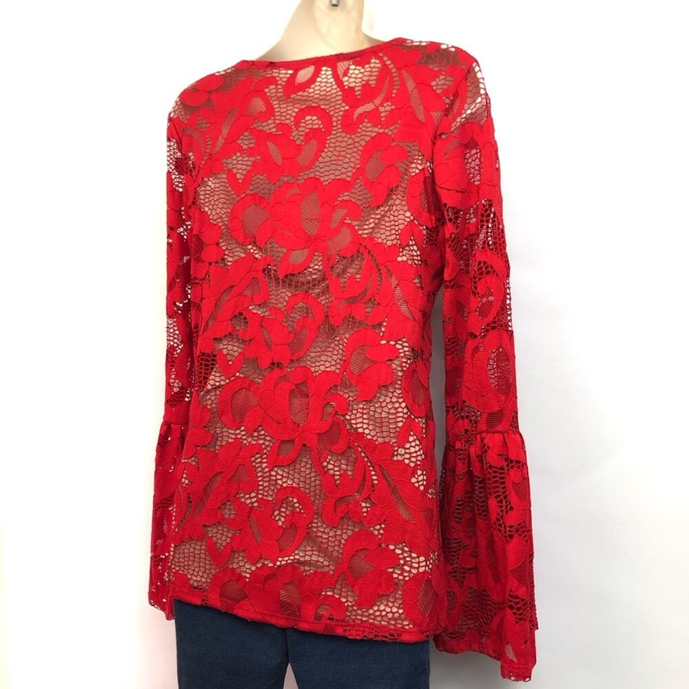 INC International Concepts Red Lace Nude Lined Top Bell Sleeves Scoop Neckline - Picture 15 of 16